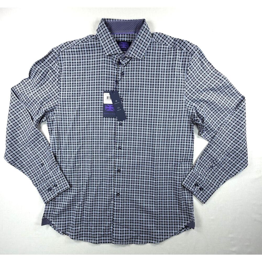 Michelsons of London Men's Long Sleeve Plaid Button Up Dress Shirt Size Large